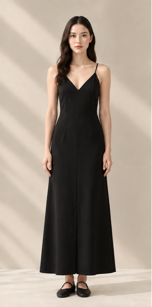 Noir Satin Slip Dress – Đầm 2 dây đen dáng dài