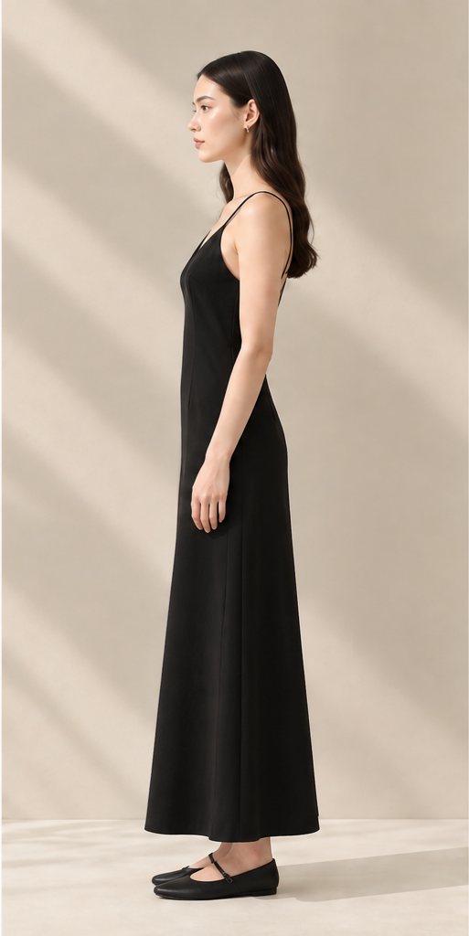 Noir Satin Slip Dress – Đầm 2 dây đen dáng dài