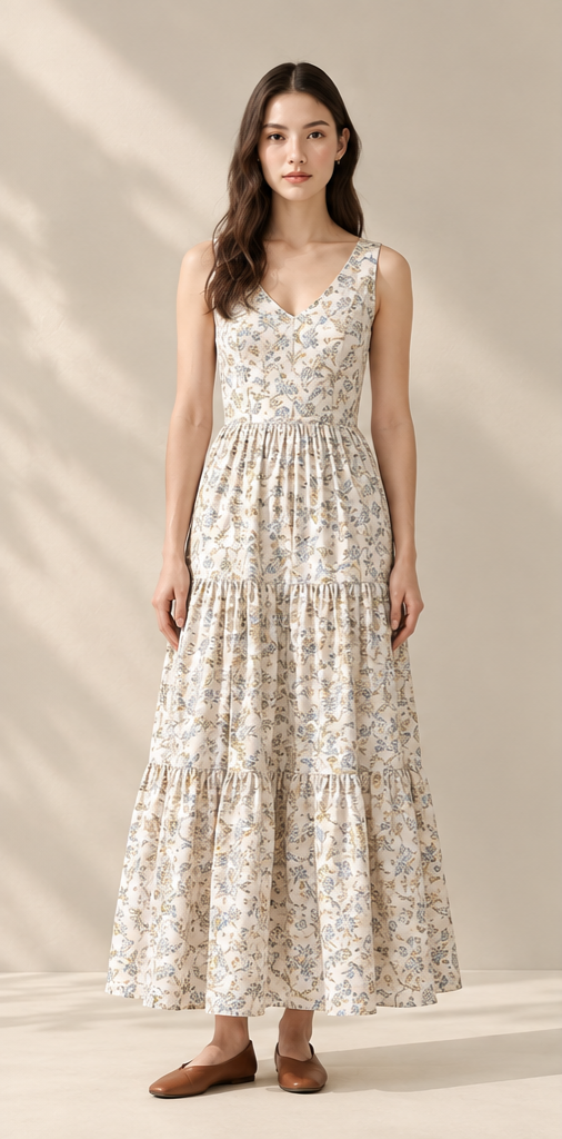 Blue Garden Tiered Dress – Đầm hoa xanh dáng maxi tầng