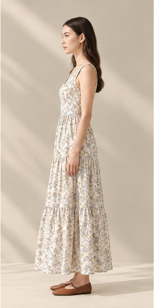 Blue Garden Tiered Dress – Đầm hoa xanh dáng maxi tầng