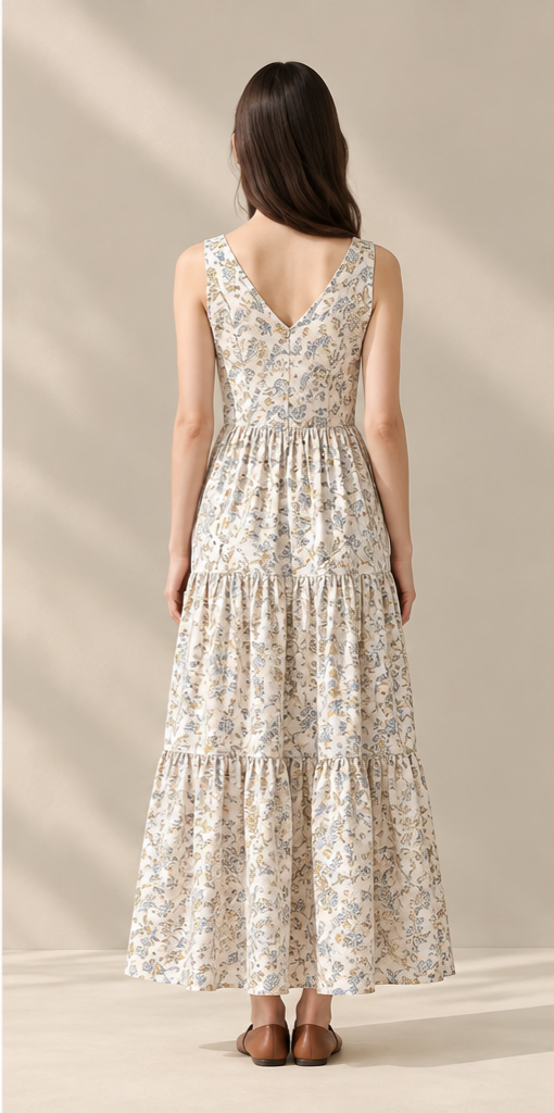 Blue Garden Tiered Dress – Đầm hoa xanh dáng maxi tầng