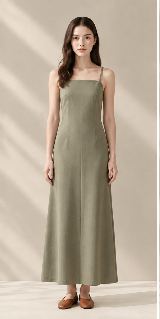 Sage Minimal Slip Dress – Đầm 2 dây xanh sage dáng dài