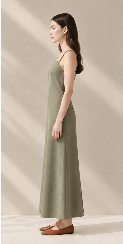 Sage Minimal Slip Dress – Đầm 2 dây xanh sage dáng dài
