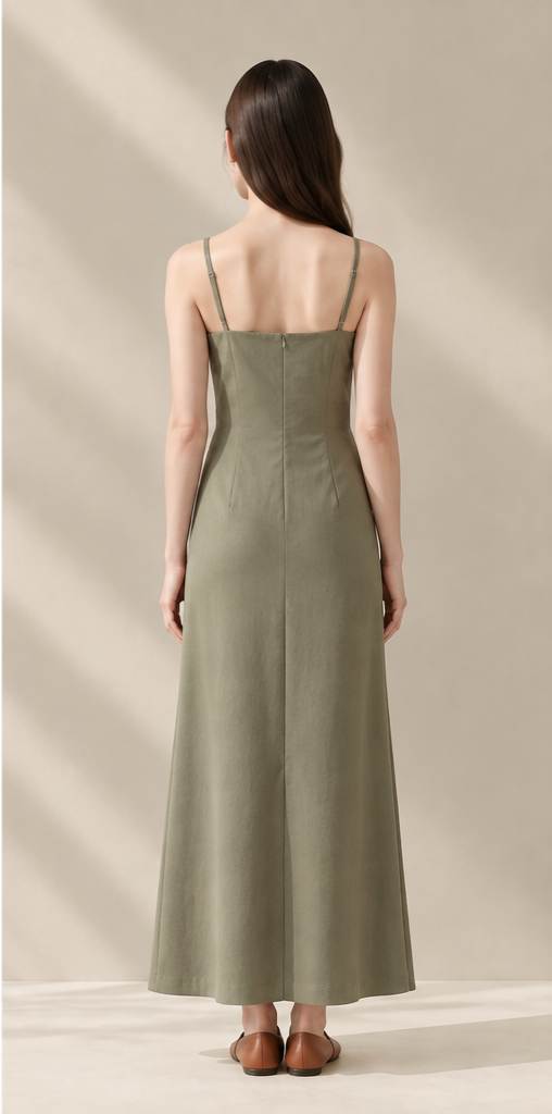 Sage Minimal Slip Dress – Đầm 2 dây xanh sage dáng dài